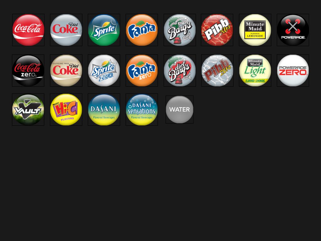 A bunch of soda pop buttons are shown.