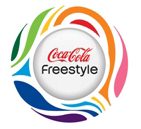 A coca-cola freestyle logo with colorful swirls around it.