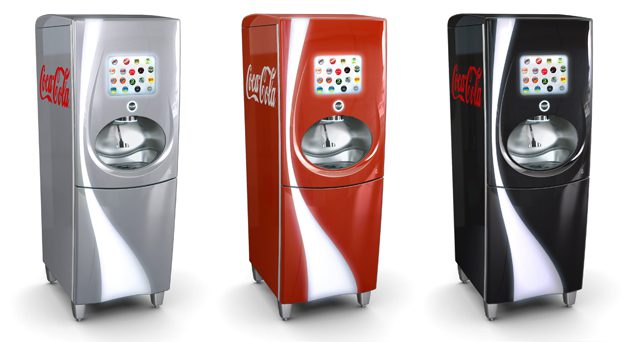 Three coca-cola machines are shown side by side.