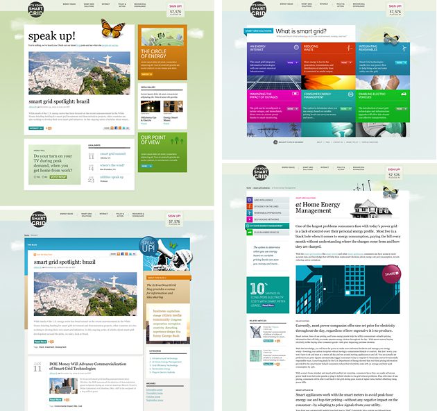 Four different pages of a website with various colors.