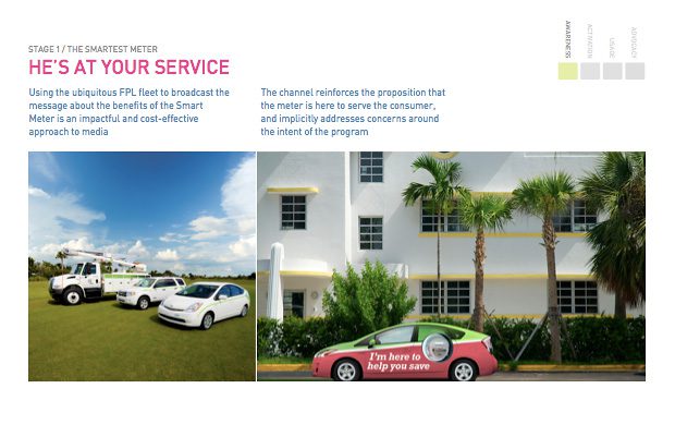 A brochure with two cars parked in front of a building.